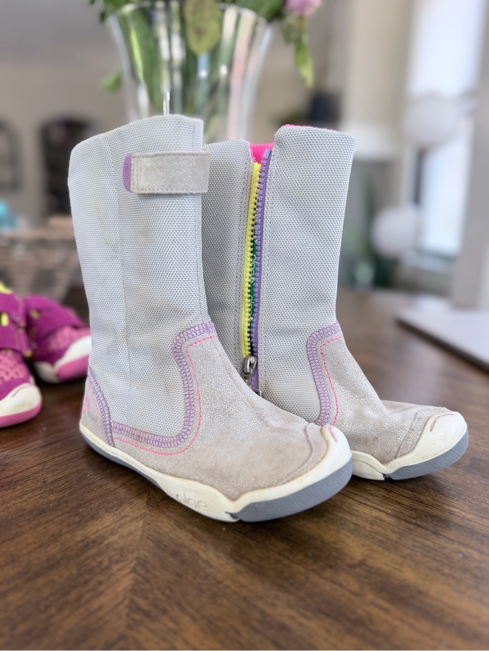 Plae Camilla Shimmer Light Gray and Pink Zipper Boots